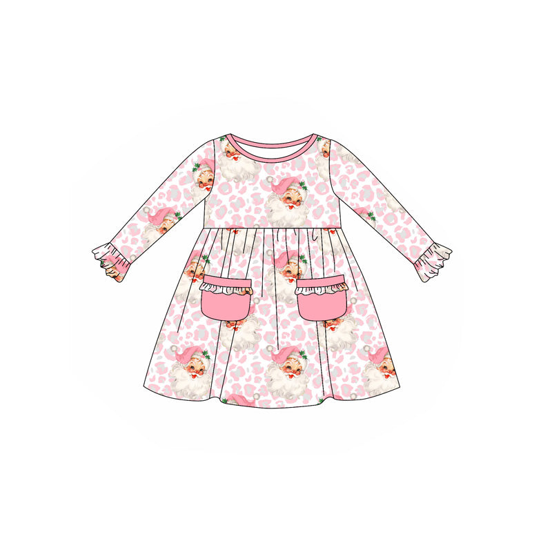 presale GLD1073 Baby Girls Long Ruffle Sleeves Pink Leopard Santa Pockets Knee Length Dress D 5.23