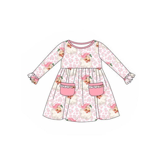 presale GLD1073 Baby Girls Long Ruffle Sleeves Pink Leopard Santa Pockets Knee Length Dress D 5.23