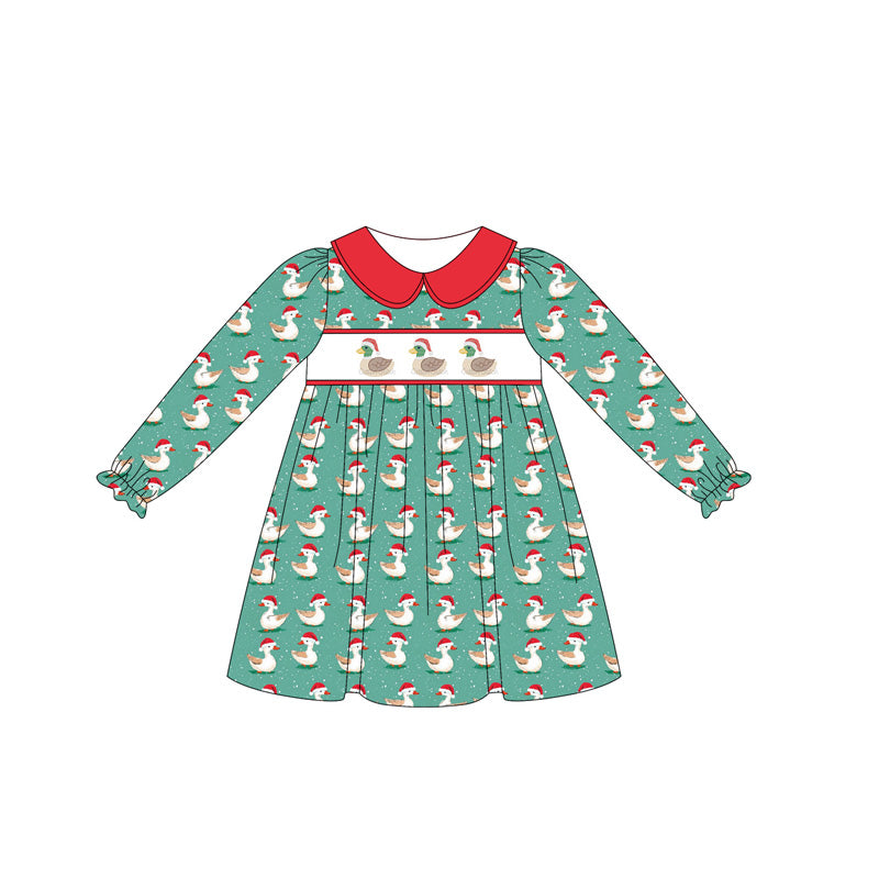 presale GLD1074  Baby Girls Green Long Ruffle Sleeves Ducks Plaid Knee Length Dress D 5.23