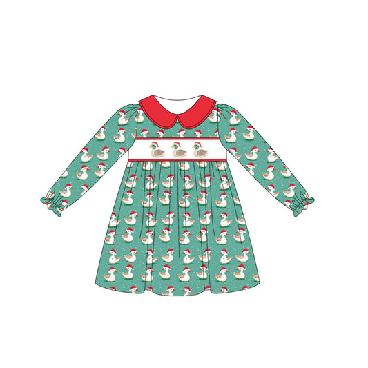 presale GLD1074  Baby Girls Green Long Ruffle Sleeves Ducks Plaid Knee Length Dress D 5.23
