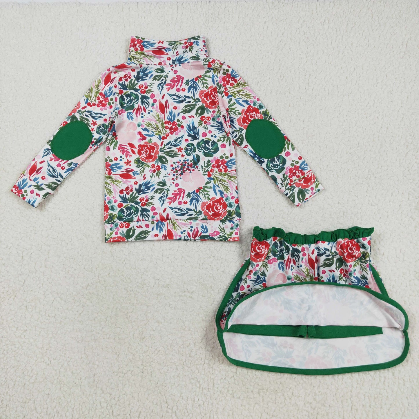 GLD1075 Long sleeves green floral pullover skirt girls clothing set  D 818