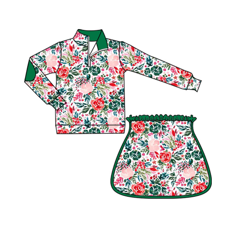 GLD1075 Long sleeves green floral pullover skirt girls clothing set  D 818