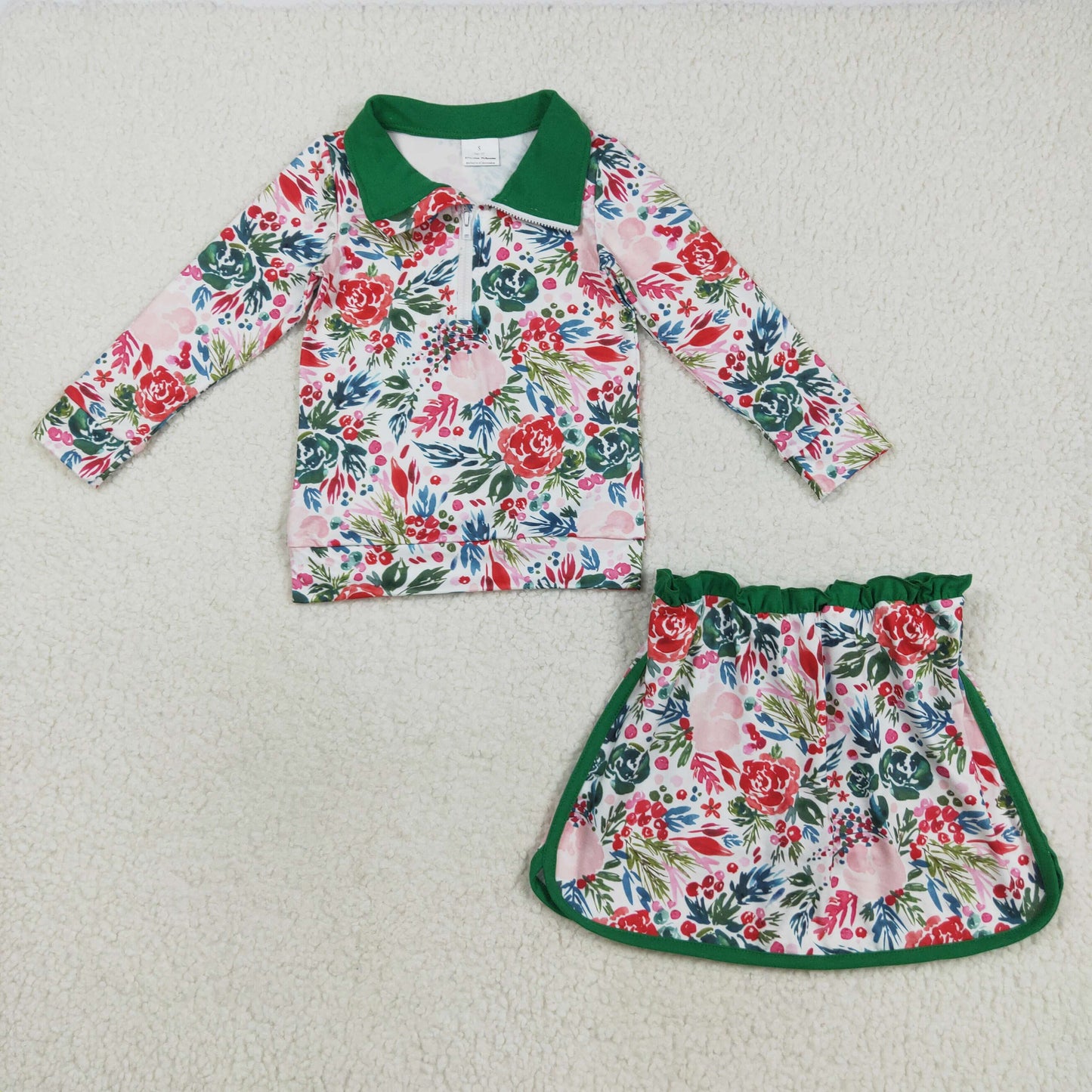 GLD1075 Long sleeves green floral pullover skirt girls clothing set  D 818