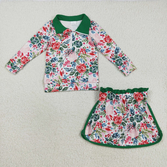 GLD1075 Long sleeves green floral pullover skirt girls clothing set  D 818