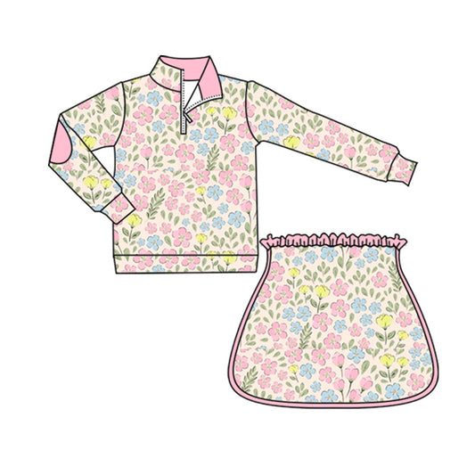 presale GLD1077 Baby Girls Long Sleeves Peach Yellow Floral Plaid Zipper Top Skirts Set  D 5.23