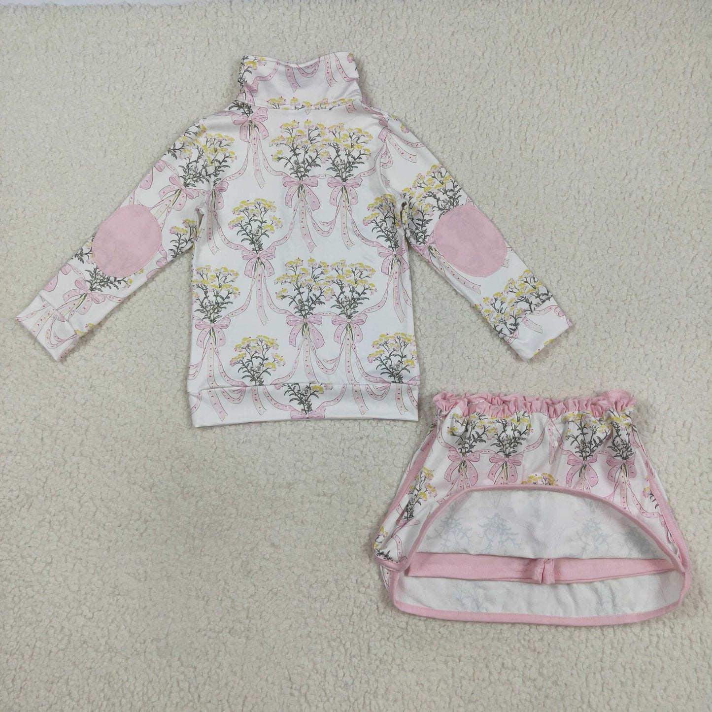 GLD1078  Baby Girls Long Sleeves Light Pink Bows Floral Plaid Zipper Top Skirts Set D 7.18