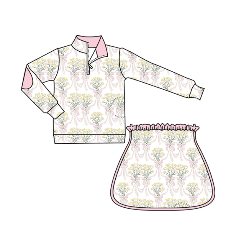 GLD1078  Baby Girls Long Sleeves Light Pink Bows Floral Plaid Zipper Top Skirts Set D 7.18