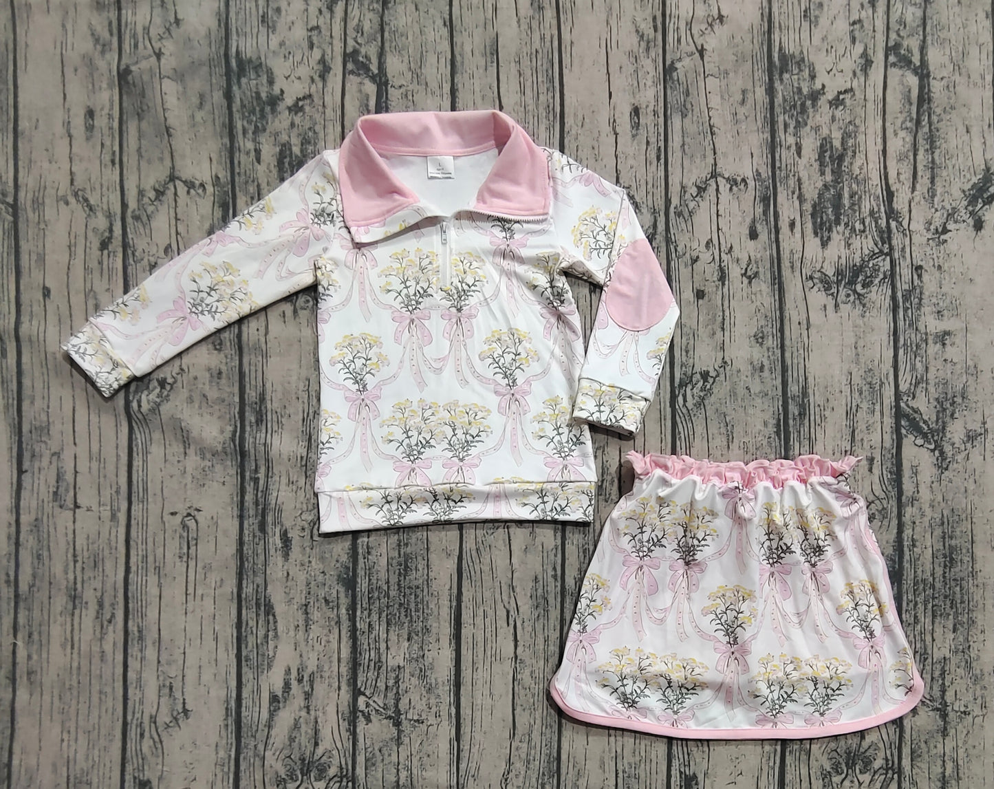 GLD1078  Baby Girls Long Sleeves Light Pink Bows Floral Plaid Zipper Top Skirts Set D 7.18