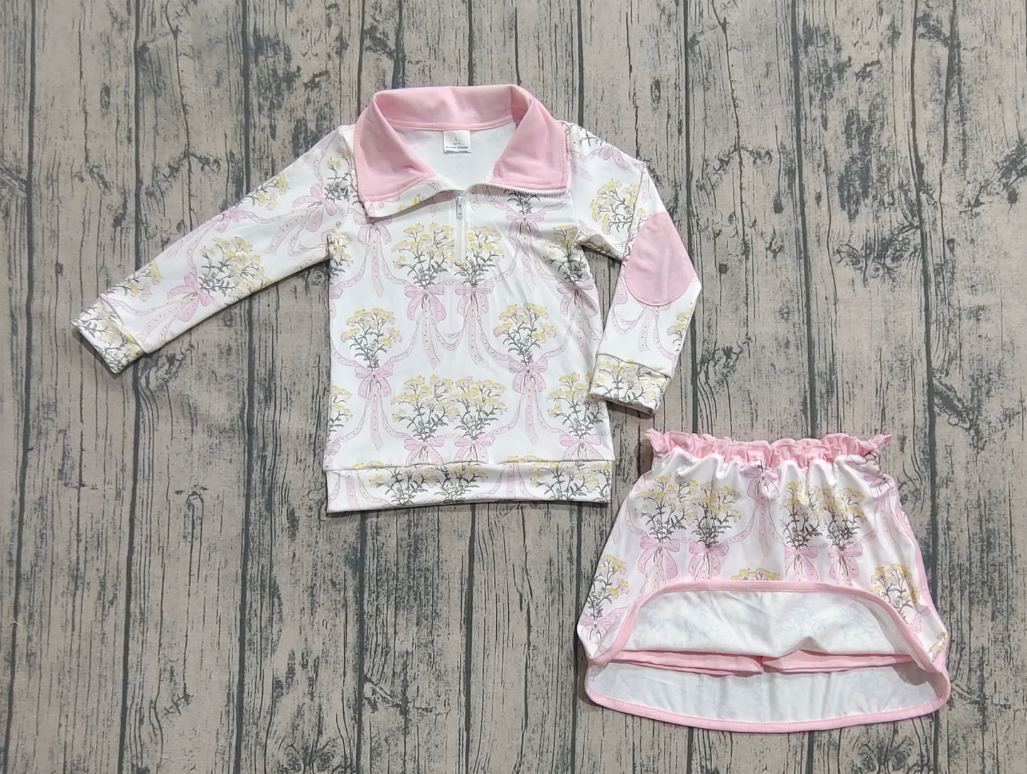 GLD1078  Baby Girls Long Sleeves Light Pink Bows Floral Plaid Zipper Top Skirts Set D 7.18