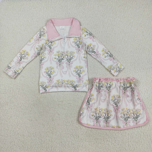 GLD1078  Baby Girls Long Sleeves Light Pink Bows Floral Plaid Zipper Top Skirts Set D 7.18
