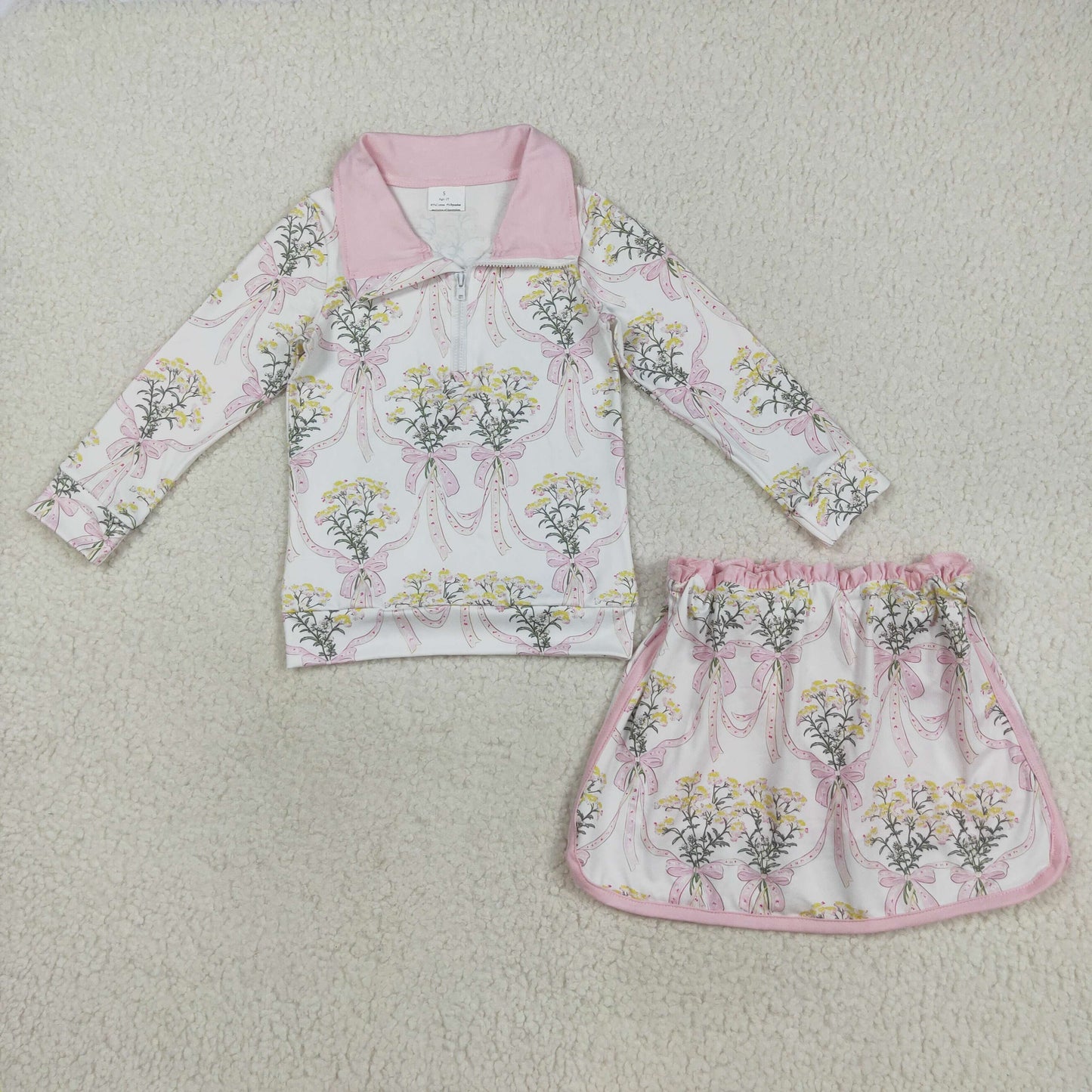 GLD1078  Baby Girls Long Sleeves Light Pink Bows Floral Plaid Zipper Top Skirts Set D 7.18