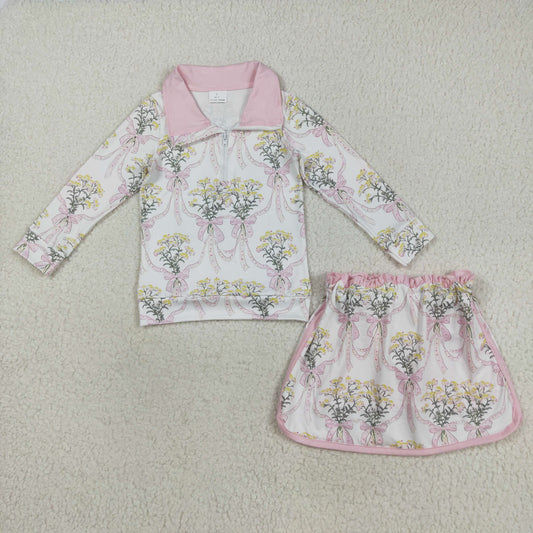 GLD1078  Baby Girls Long Sleeves Light Pink Bows Floral Plaid Zipper Top Skirts Set D 7.18