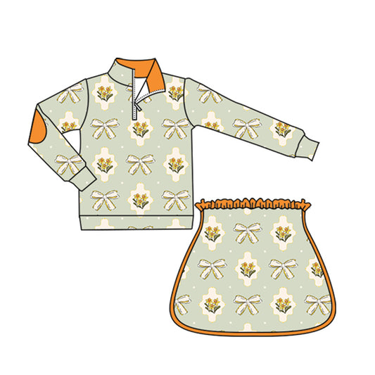 presale GLD1079  Baby Girls Long Sleeves Aqua Bows Flowers Plaid Zipper Top Skirts Set D 5.23