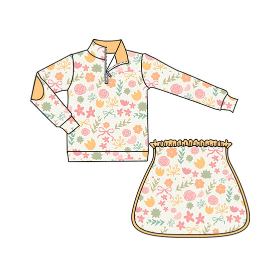 presale GLD1080 Baby Girls Long Sleeves Pink Orange Flowers Zipper Top Skirts Set D 5.23
