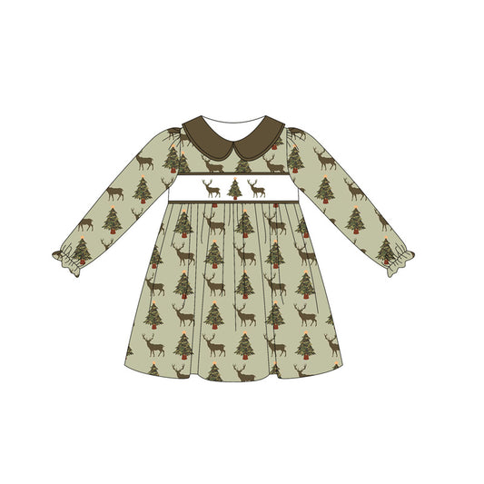 presale GLD1081 Baby Girls Olive Long Ruffle Sleeves Deer Trees Knee Length Dresses D 5.23