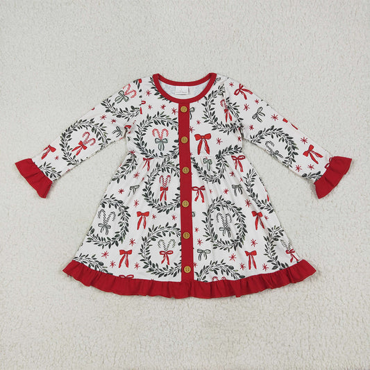 GLD1082 Baby Girls Long Ruffle Sleeves Green Red Bows Button Knee Length Dresses D 6.28