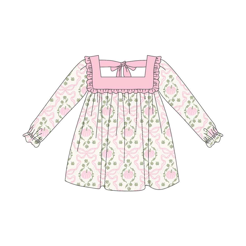 presale GLD1083 Baby Girls Long Ruffle Sleeves Pink Pumpkins Bows Plaid Knee Length Dresses  D 5.26