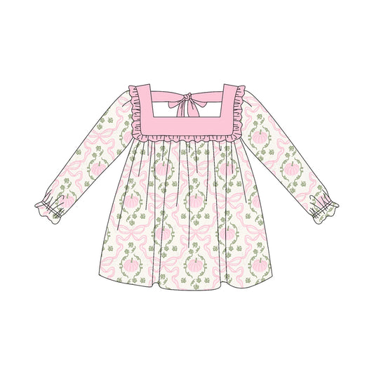 presale GLD1083 Baby Girls Long Ruffle Sleeves Pink Pumpkins Bows Plaid Knee Length Dresses D 5.26