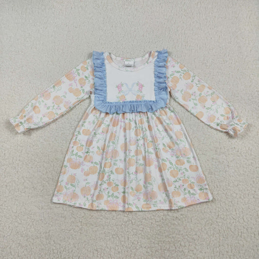 GLD1084 Baby Girls Long Ruffle Sleeves Light Blue Pumpkins Plaid Knee Length Dresses D 7.12