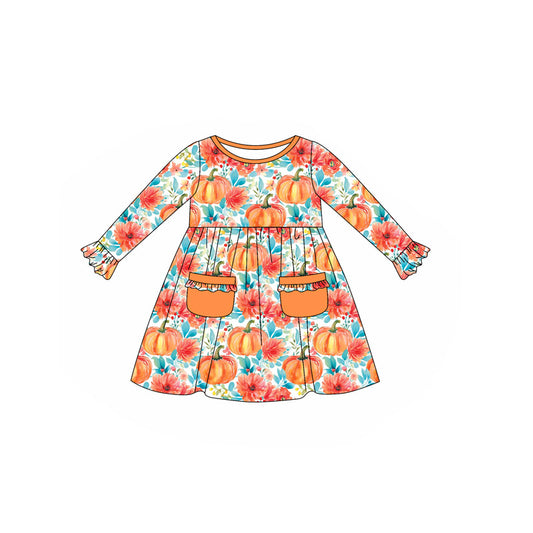 presale GLD1085  Baby Girls Orange Long Ruffle Sleeves Floral Pumpkins Pockets Knee Length Dresses D 5.26