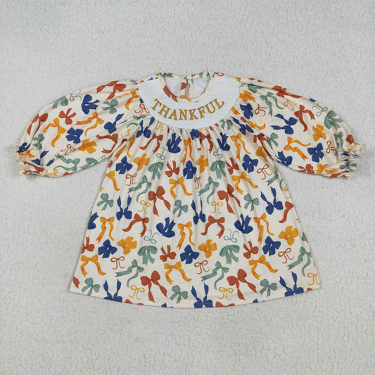 GLD1086  Baby Girls Long Ruffle Sleeves Smocked Thankful Colorful Bows Knee Length Dresses D 7.21