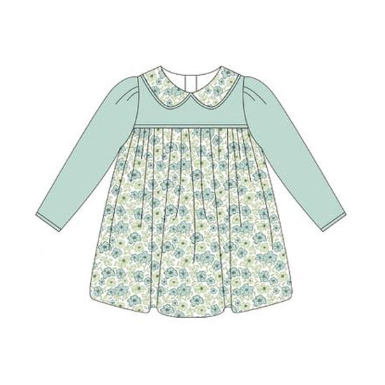 presale GLD1087 Baby Girls Aqua Long Sleeves Flowers Plaid Knee Length Dresses  D 7.8
