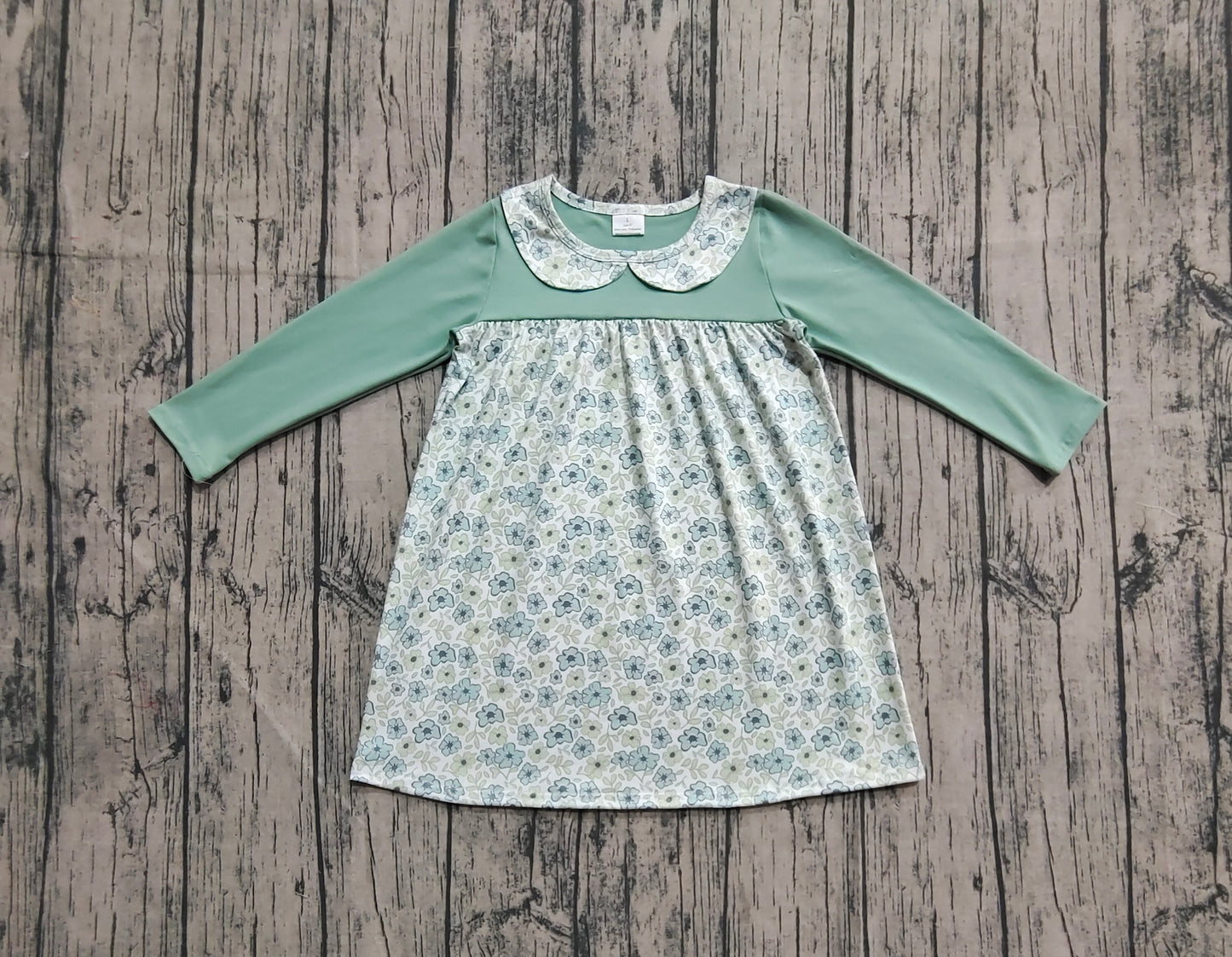 presale GLD1087 Baby Girls Aqua Long Sleeves Flowers Plaid Knee Length Dresses  D 7.8
