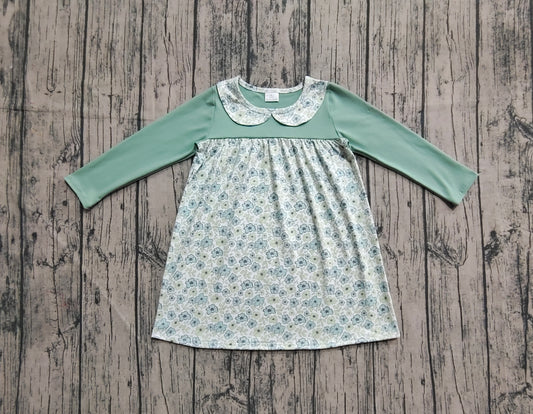 presale GLD1087 Baby Girls Aqua Long Sleeves Flowers Plaid Knee Length Dresses  D 7.8