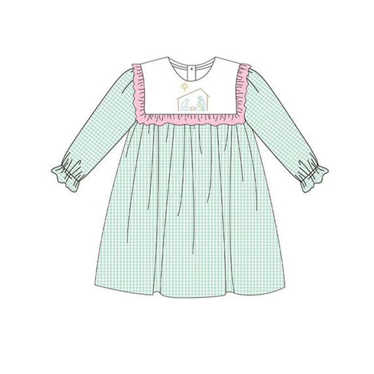 presale GLD1088  Baby Girls Aqua Plaid Long Ruffle Sleeves Jesus Knee Length Dresses D 5.29