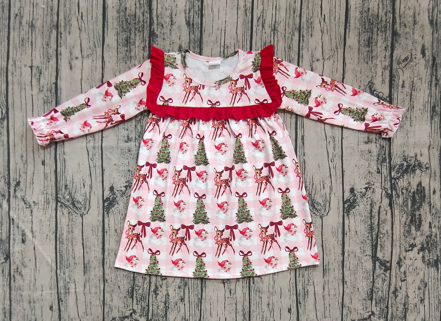 GLD1092  Baby Girls Plaid Long Ruffle Sleeves Santa Trees Knee Length Dresses D 6.5