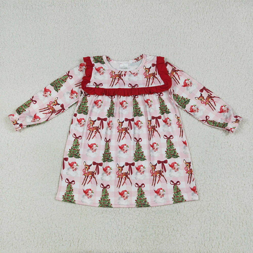 GLD1092  Baby Girls Plaid Long Ruffle Sleeves Santa Trees Knee Length Dresses D 6.5
