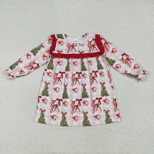 GLD1092 Baby Girls Plaid Long Ruffle Sleeves Santa Trees Knee Length Dresses D 6.5