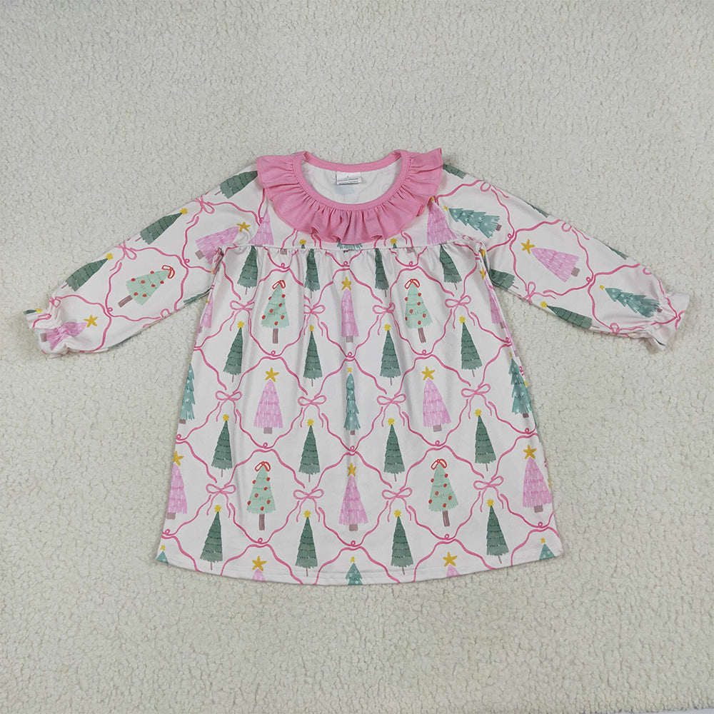 GLD1093 Beige long-sleeved dress with pink lace and Christmas tree bow pattern D 6.5