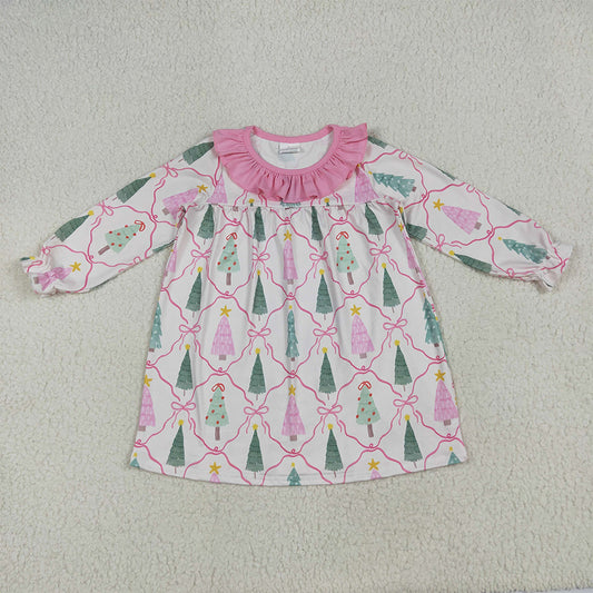 GLD1093 Beige long-sleeved dress with pink lace and Christmas tree bow pattern D 6.5