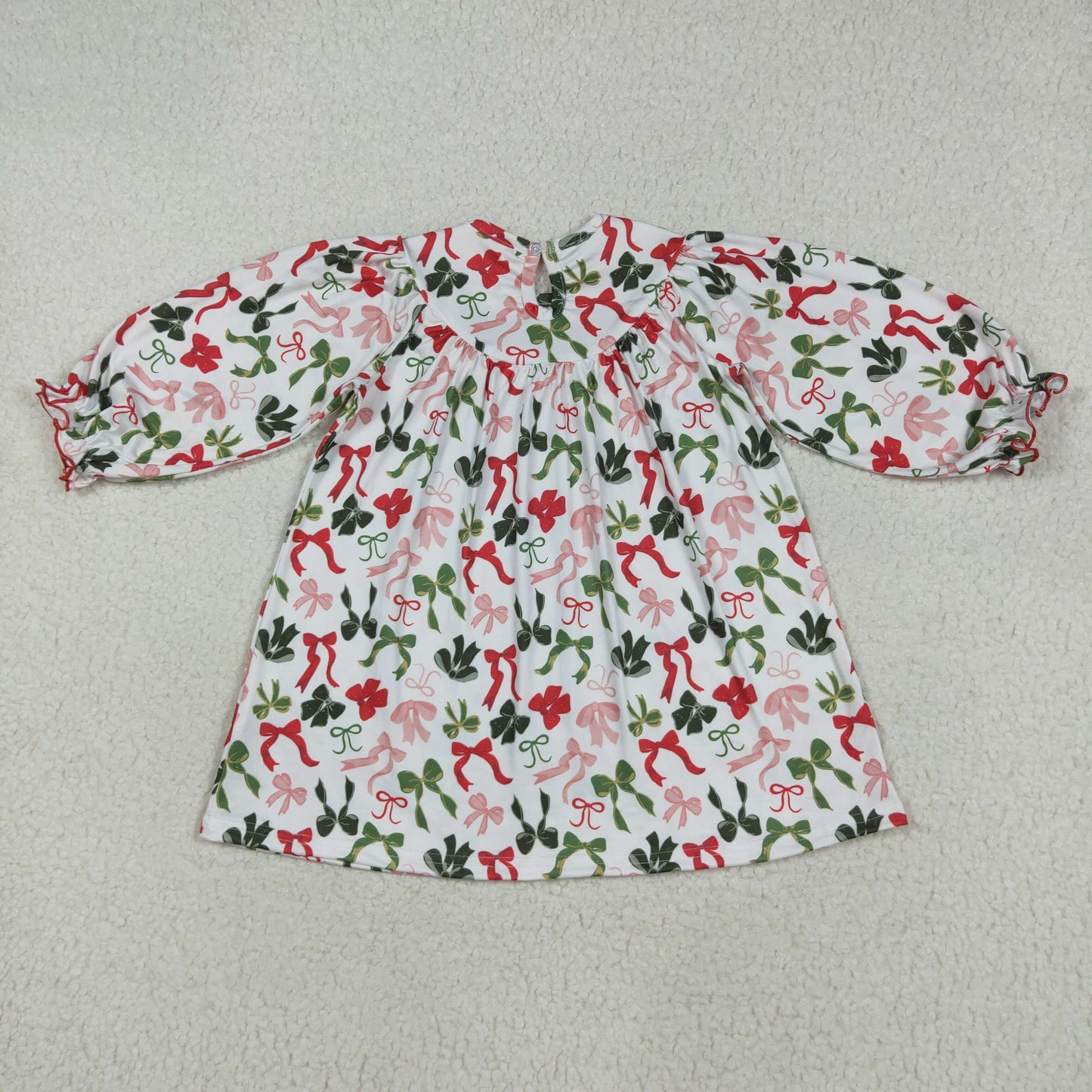 GLD1094 Baby Girls Long Sleeves Smocked Merry Christmas Colorful Bows Knee Length Dress  D 7.21