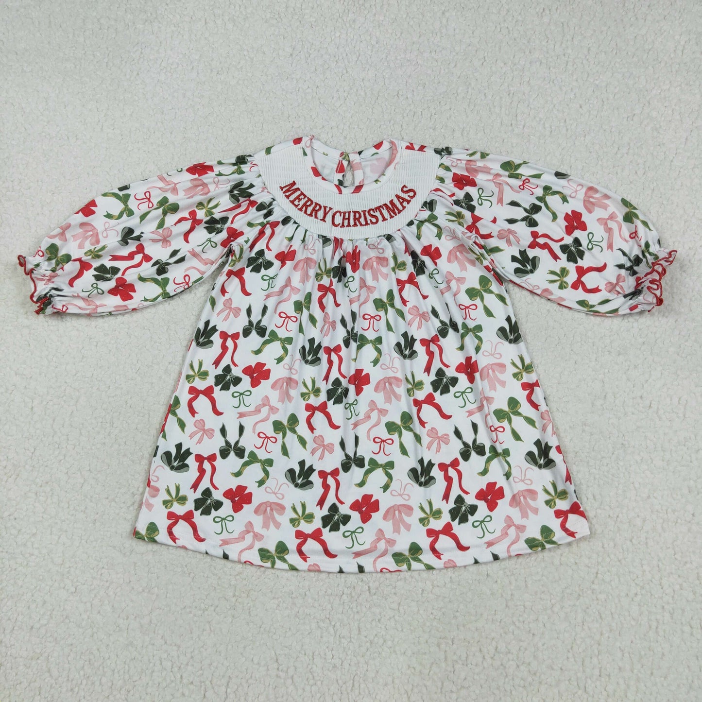 GLD1094 Baby Girls Long Sleeves Smocked Merry Christmas Colorful Bows Knee Length Dress  D 7.21