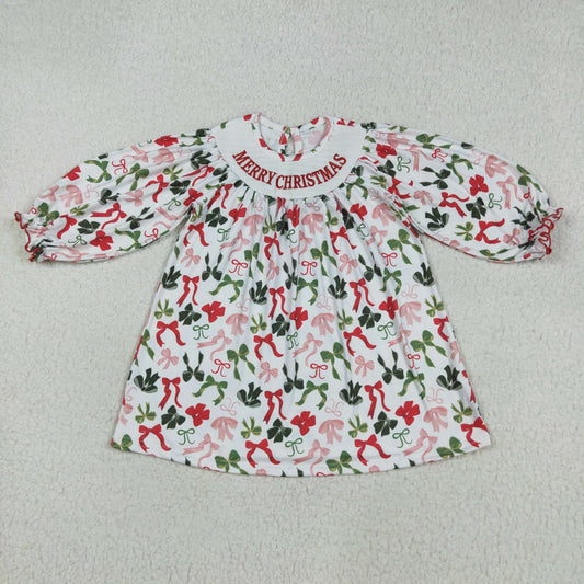 GLD1094 Baby Girls Long Sleeves Smocked Merry Christmas Colorful Bows Knee Length Dress  D 7.21