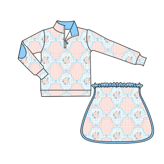 presale GLD1095 Baby Girls Long Sleeves Pink Flowers Plaid Zipper Top Skorts Yoga Set  D 5.30