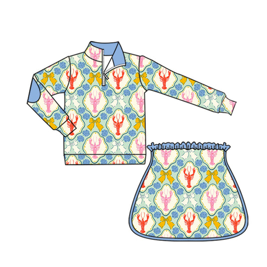 presale GLD1096  Baby Girls Long Sleeves Bows Crayfishes Plaid Zipper Top Skorts Yoga Set  D 5.30