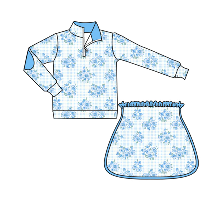 GLD1097 Baby Girls Long Sleeves Blue Flowers Plaid Zipper Top Skorts Yoga Set D 6.21