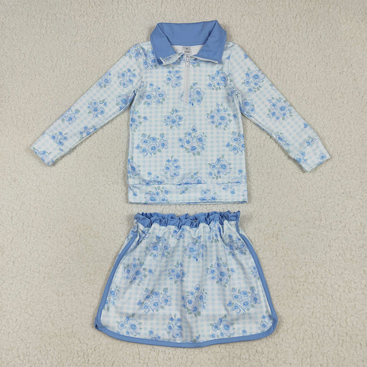 GLD1097 Baby Girls Long Sleeves Blue Flowers Plaid Zipper Top Skorts Yoga Set D 6.21