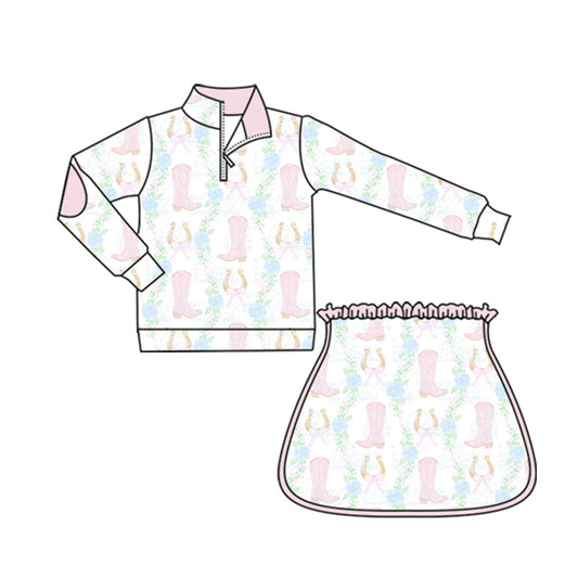 presale GLD1098 Baby Girls Long Sleeves Pink Boots Flowers Zipper Top Skorts Yoga Set D 5.30