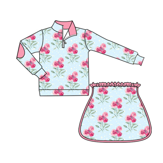 presale GLD1099 Baby Girls Long Sleeves Pink Flowers Zipper Top Skorts Yoga Set D 5.30