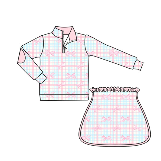presale GLD1100 Baby Girls Long Sleeves Pink Bows Plaid Zipper Top Skorts Yoga Set D 5.30