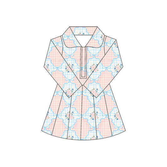 presale GLD1101   Baby Girls Long Sleeves Pink Flowers Plaid Zipper Knee Length Dresses D 5.30