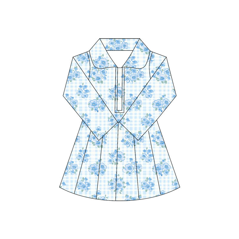 presale GLD1103 Baby Girls Long Sleeves Blue Flowers Plaid Zipper Knee Length Dresses  D 5.30