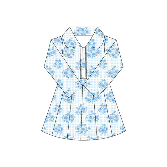 presale GLD1103 Baby Girls Long Sleeves Blue Flowers Plaid Zipper Knee Length Dresses  D 5.30