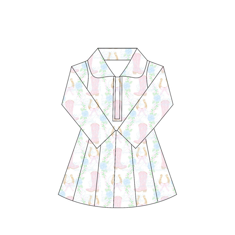 presale GLD1104  Baby Girls Long Sleeves Pink Boots Flowers Zipper Knee Length Dresses D 5.30