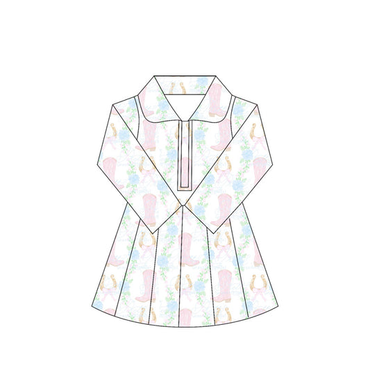 presale GLD1104  Baby Girls Long Sleeves Pink Boots Flowers Zipper Knee Length Dresses D 5.30