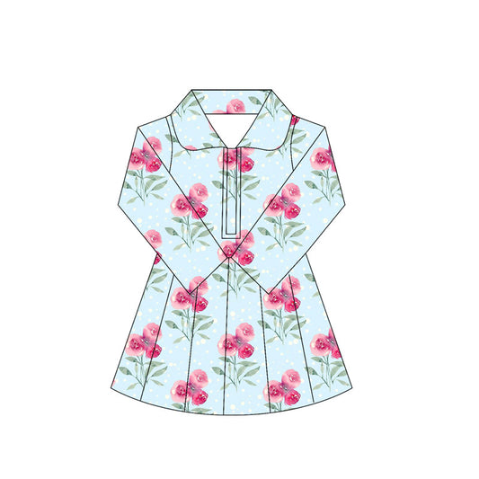 presale GLD1105 Baby Girls Long Sleeves Pink Flowers Zipper Knee Length Dresses D 5.30